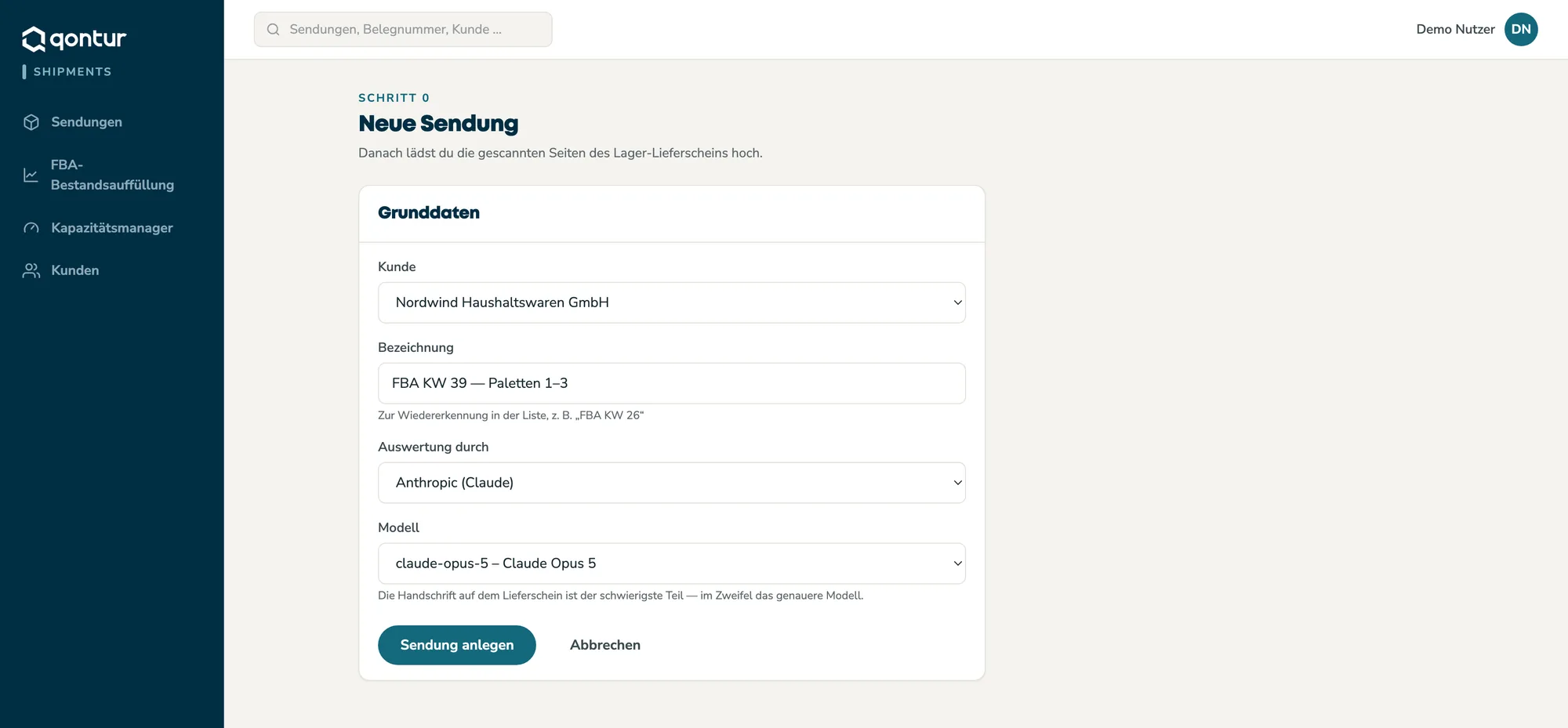 Die Sendungs-App: eine neue Sendung anlegen — Kunde, Bezeichnung und das auswertende Modell